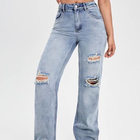 NEW! Ripped Distressed Boyfriend Jeans Light Blue Washed Grunge Torn High Waist - Picture 1 of 7